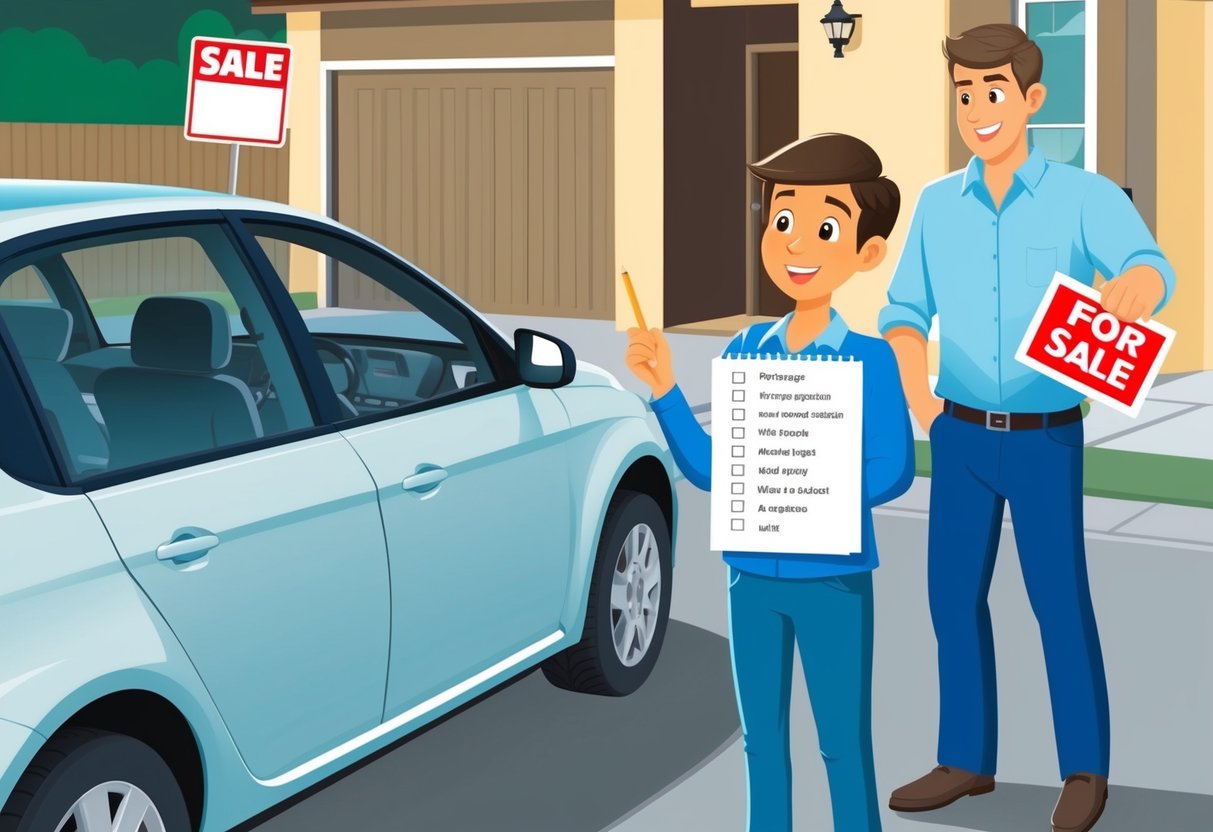 A person inspecting a used car with a checklist of questions in hand. The seller stands nearby, answering queries. The car is parked in a driveway with a "For Sale" sign