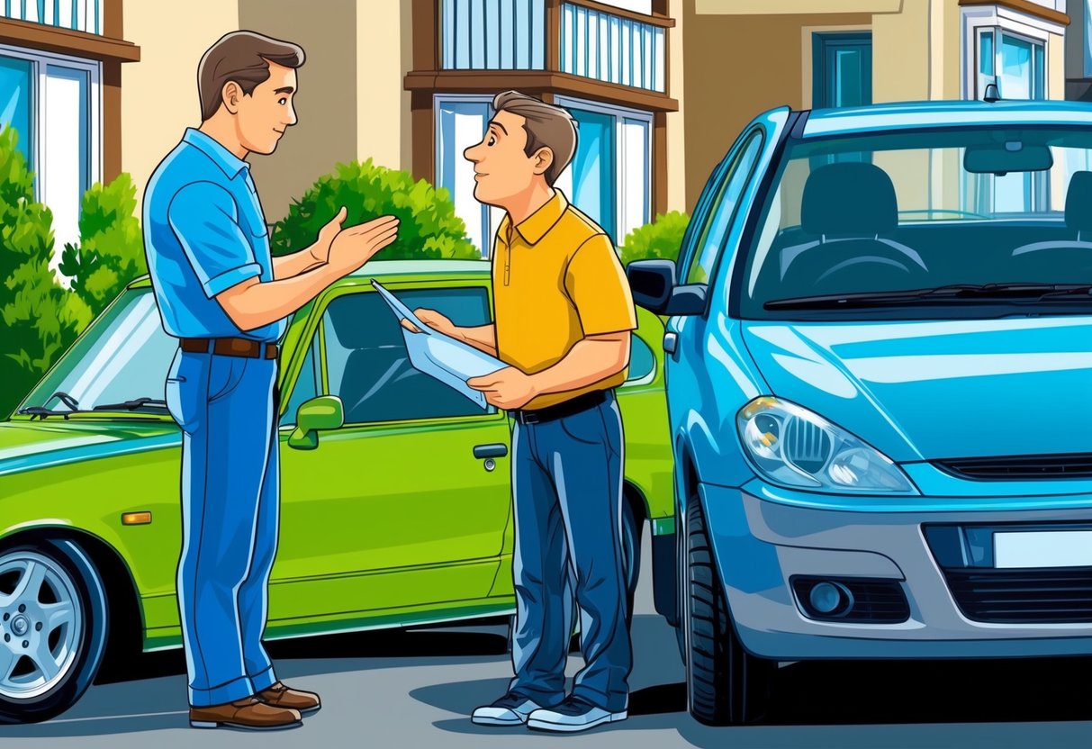 A potential buyer inspecting a used car, asking questions to the seller in a private setting. The car is parked on a residential street, with the seller standing nearby
