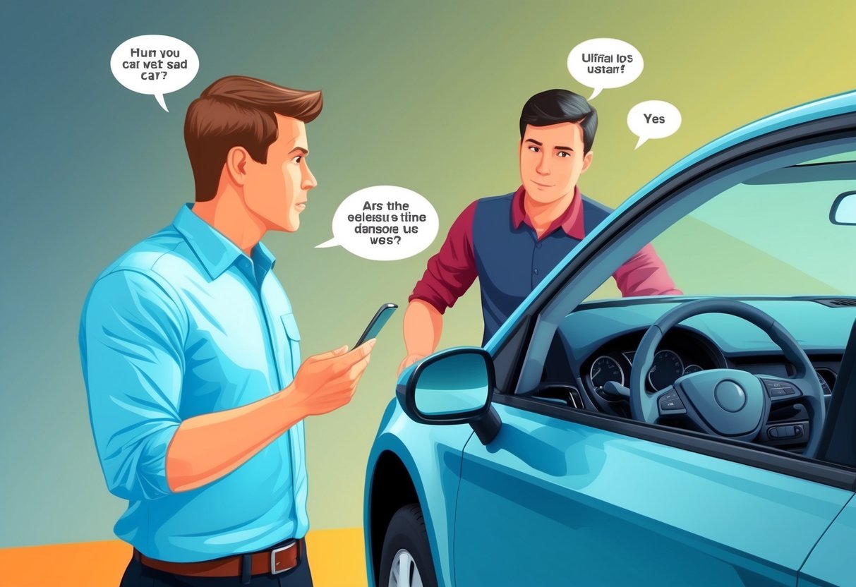 A person inspecting a used car, asking the seller questions while examining the vehicle's exterior and interior for any signs of damage or wear