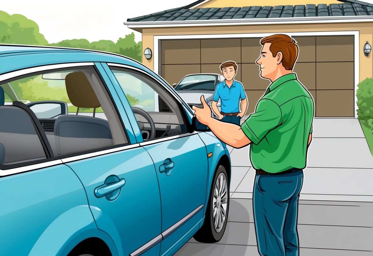 A person inspecting a used car, asking questions to the seller. The car is parked in a driveway, with the seller standing nearby. The buyer is examining the exterior and interior of the vehicle
