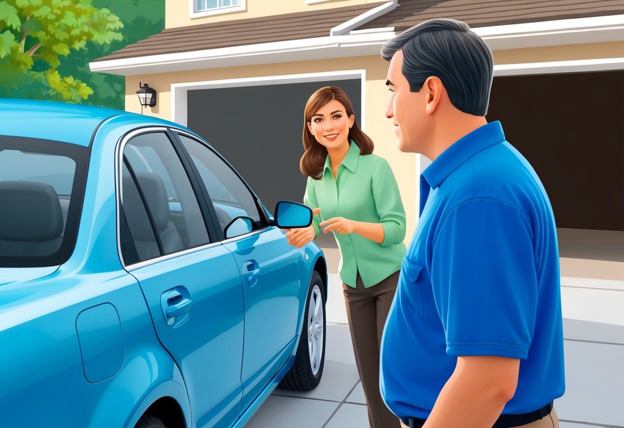 A person inspecting a used car, asking questions to the seller. The car is parked in a residential driveway, with both parties standing beside it