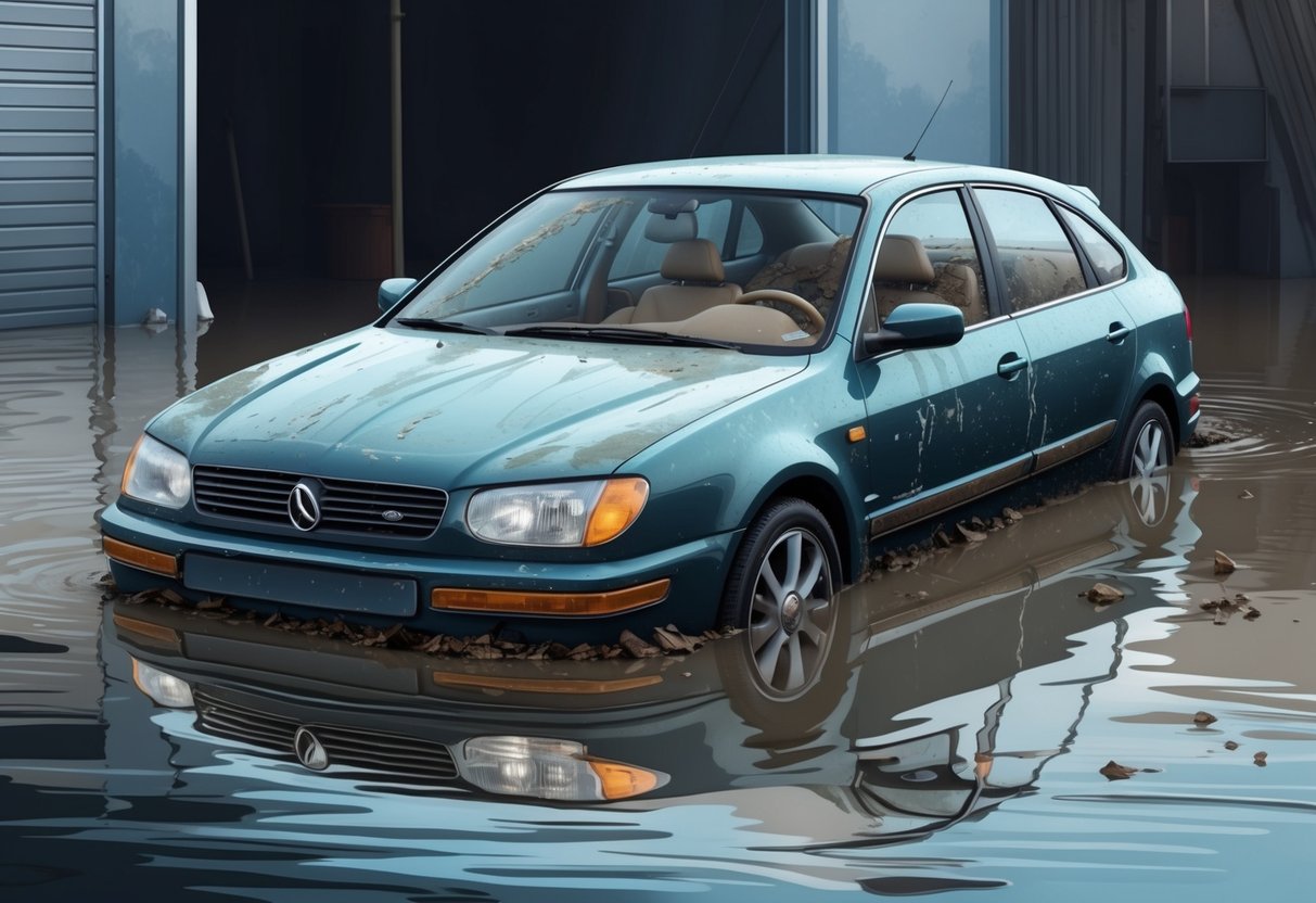 A car parked in a flooded area, with water marks on the exterior and interior, mud and debris inside, and visible signs of corrosion and rust