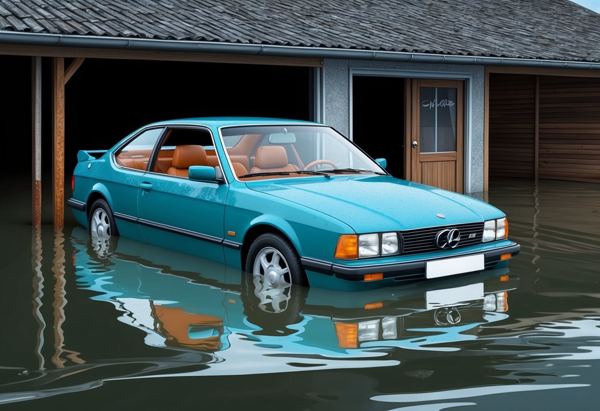 A car parked in a flooded area with water marks on the exterior, rust on metal parts, and damp upholstery inside