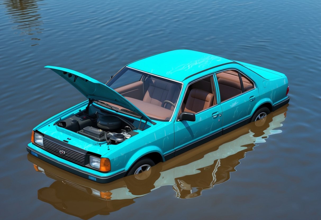 A car parked in a flooded area with water marks on the exterior, interior, and under the hood. Visible signs of corrosion and rust on the metal parts