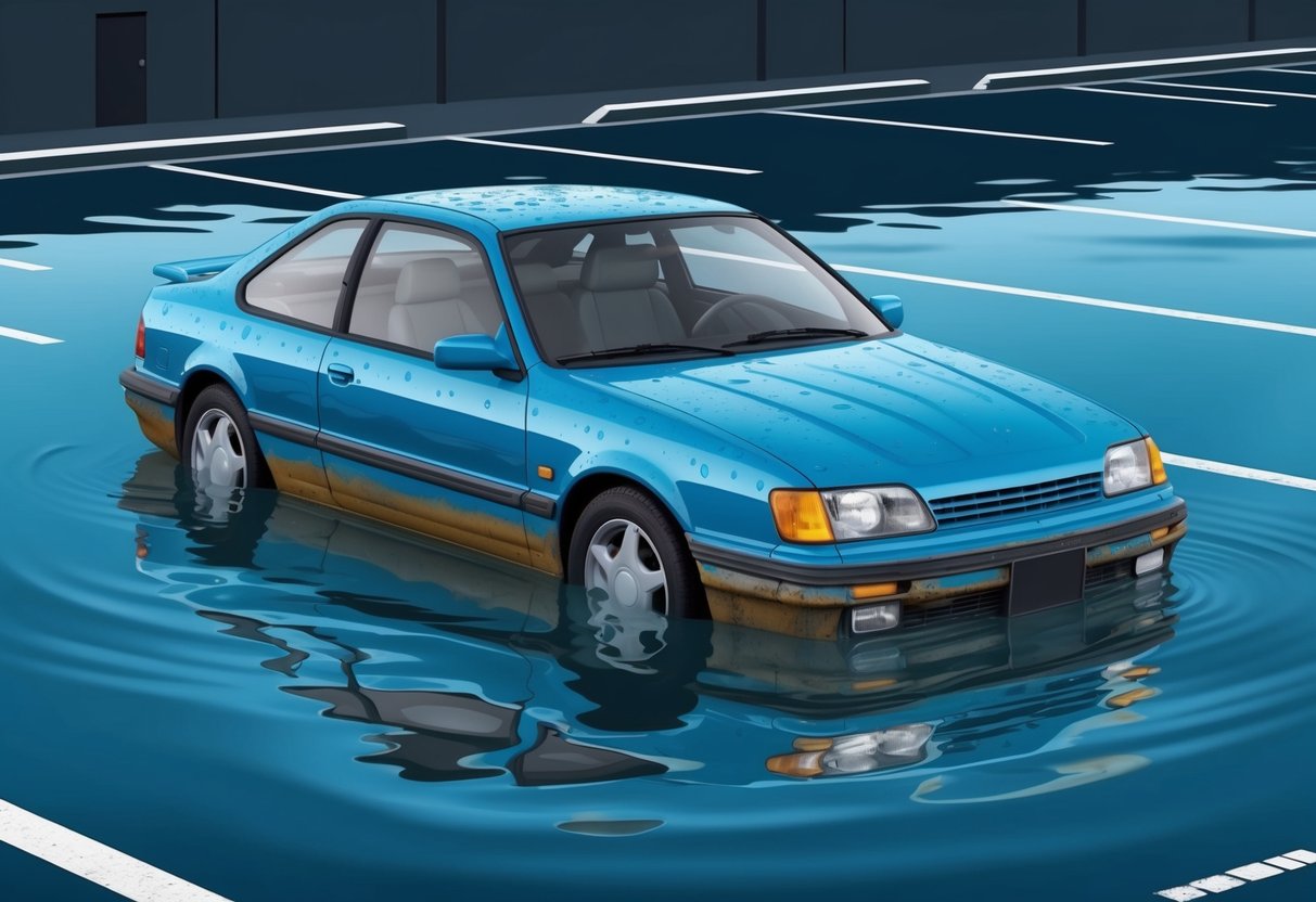 A car sitting in a flooded parking lot, with water marks on the exterior, a musty odor, and visible rust and corrosion on the body and undercarriage