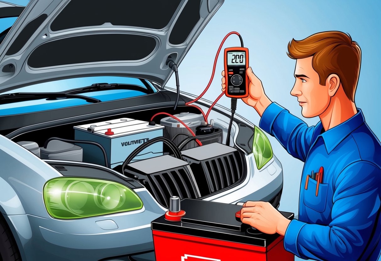 A car with a hood open, a mechanic holding a voltmeter, and a worn-out battery next to a new one