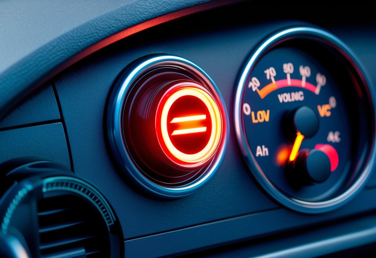 A car dashboard with a glowing battery warning light and a visible voltmeter showing low voltage