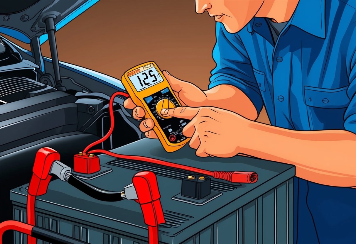 A mechanic using a multimeter to test a car battery's voltage and inspecting the terminals for corrosion