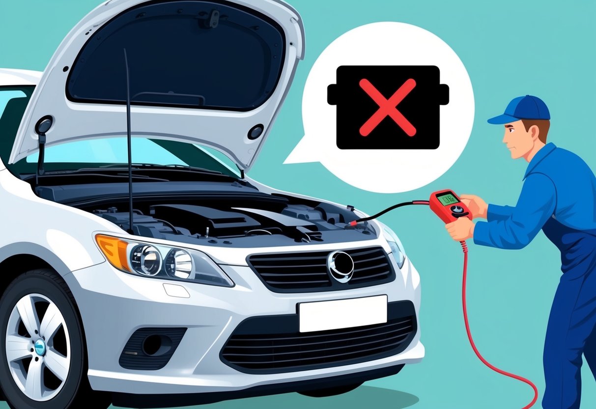 A car with its hood open, a mechanic testing the battery with a voltmeter, and a speech bubble showing a battery icon with a red X over it