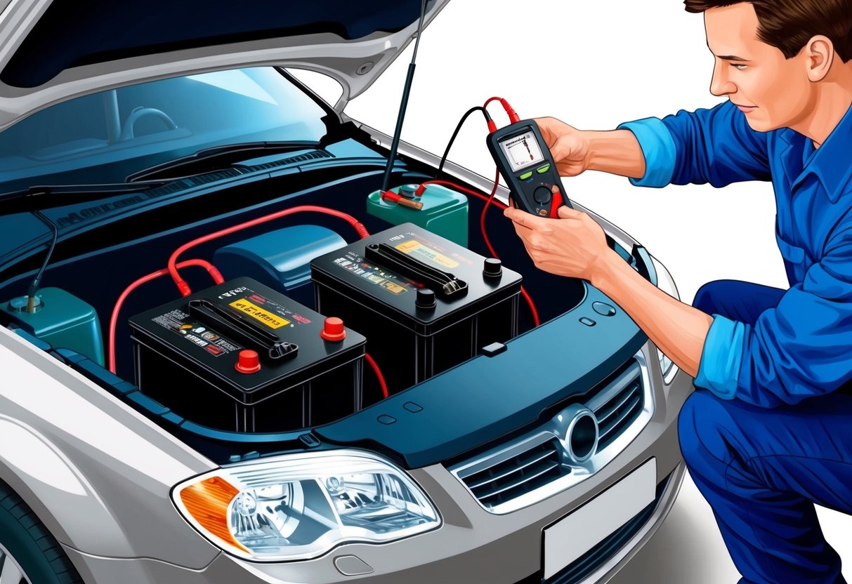 A car with a hood open, one battery is dead, the other is failing. A mechanic testing the batteries with a multimeter