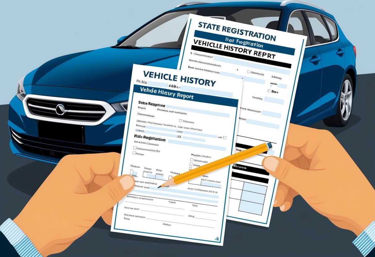A person holding a vehicle history report and a state registration form, with a car in the background