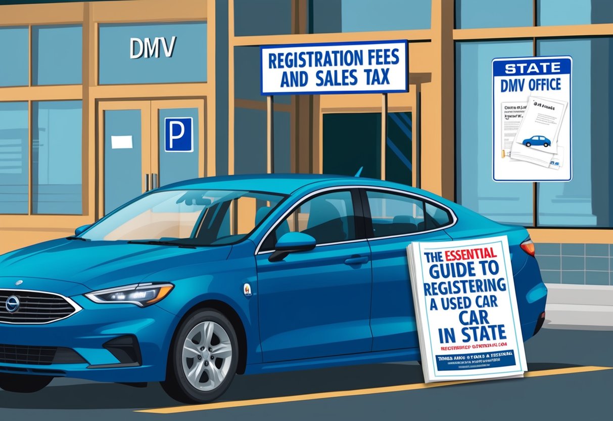 A car parked in front of a state DMV office, with a sign displaying "Registration Fees and Sales Tax" and a copy of "The Essential Guide to Registering a Used Car in Your State" on the dashboard