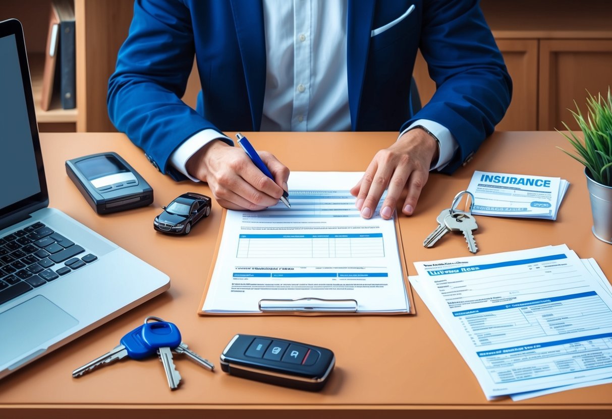 A person filling out paperwork at a cluttered desk with a computer, car keys, and insurance documents