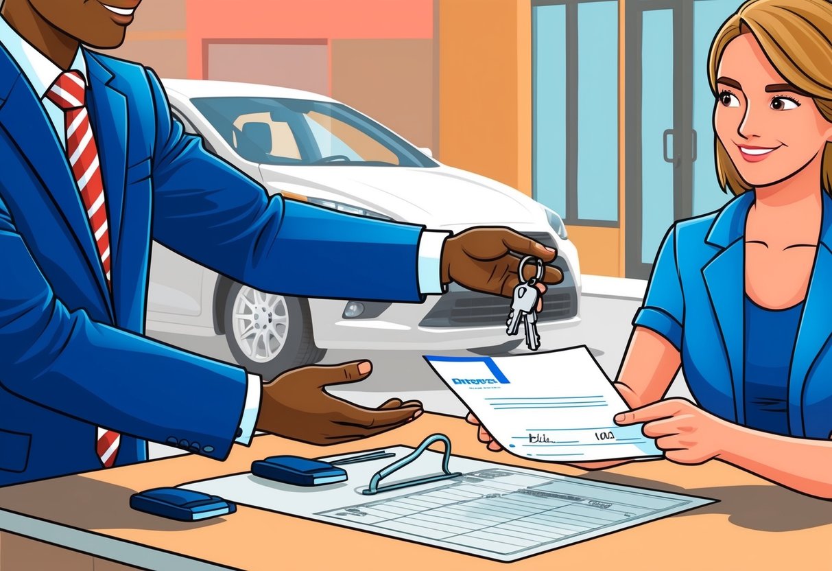 A person receiving a set of keys from a dealership representative, while a private seller hands over a signed title and bill of sale