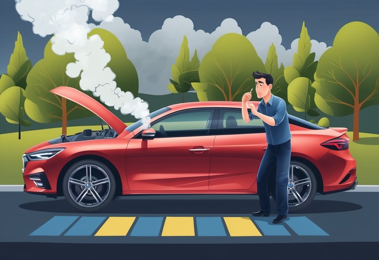 A car parked with smoke coming from the hood, while the driver looks concerned