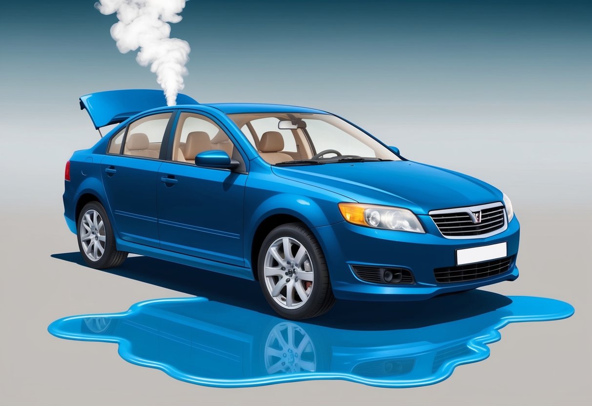 A car parked with a puddle of transmission fluid underneath, smoke coming from the hood, and the dashboard displaying a warning light