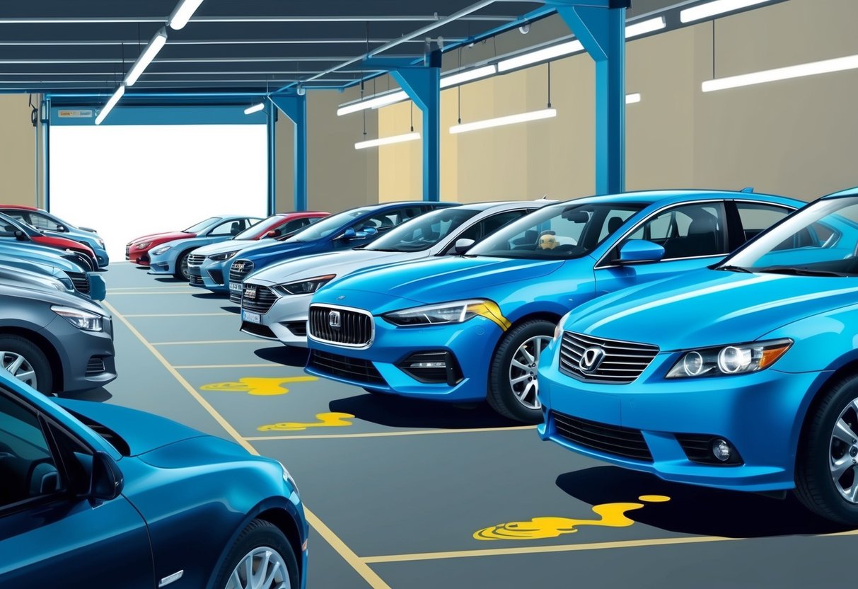 A row of various car brands with visible signs of transmission issues, such as leaking fluid or grinding noises, parked in a mechanic's garage