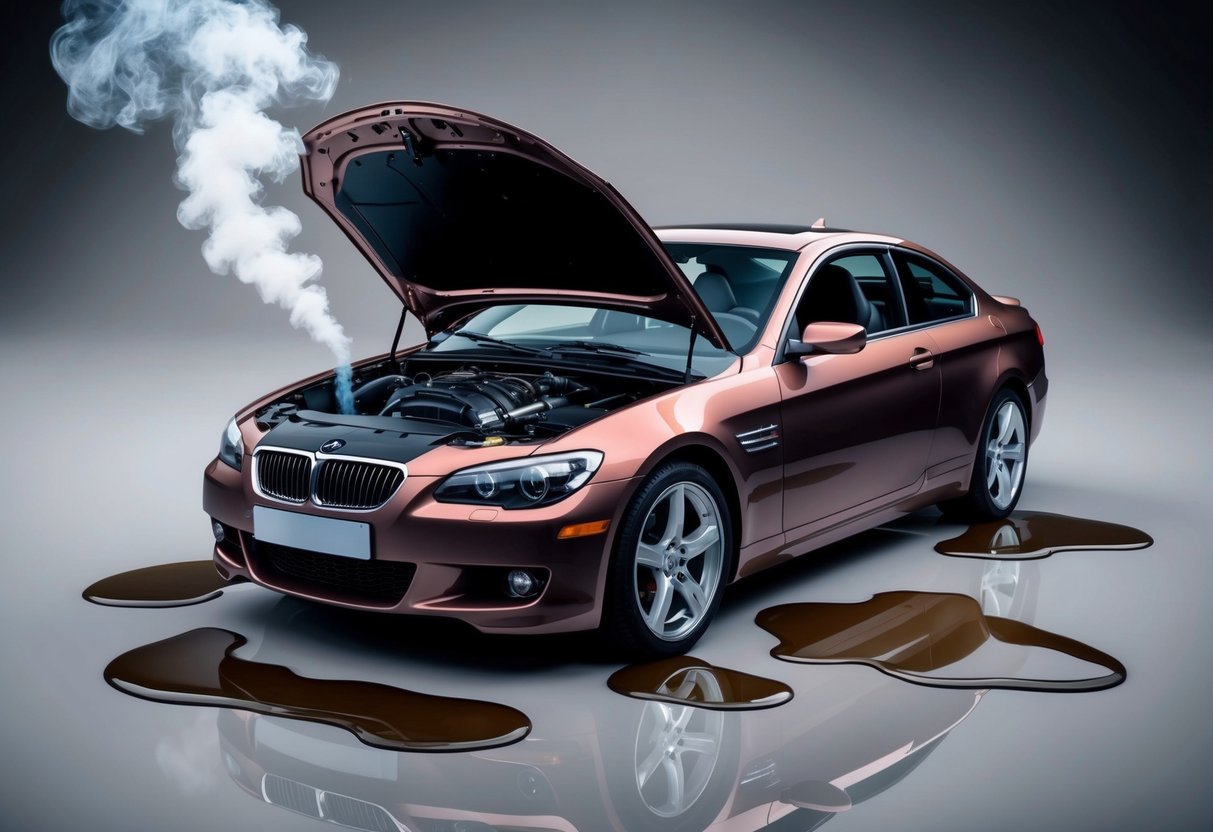A car with smoke coming from under the hood, surrounded by puddles of transmission fluid