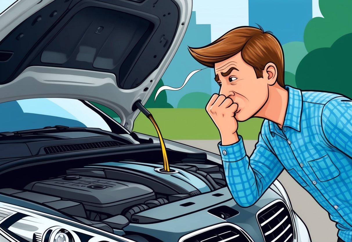 A person inspecting under the hood of a car, holding their nose and wrinkling it in disgust at the sight and smell of a leaking transmission fluid