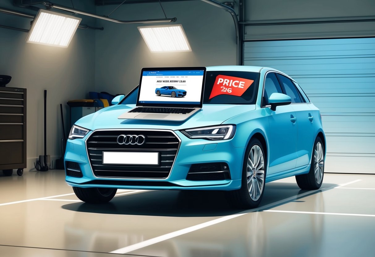 A car parked in a well-lit garage with a laptop open on the hood, showing a car selling website. A price tag is prominently displayed on the windshield
