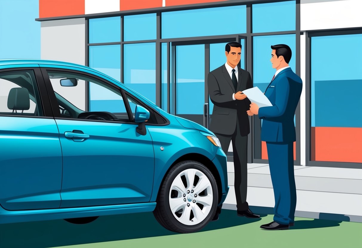A person's car parked in front of a dealership, with a salesperson inspecting the vehicle and discussing the selling price with the owner