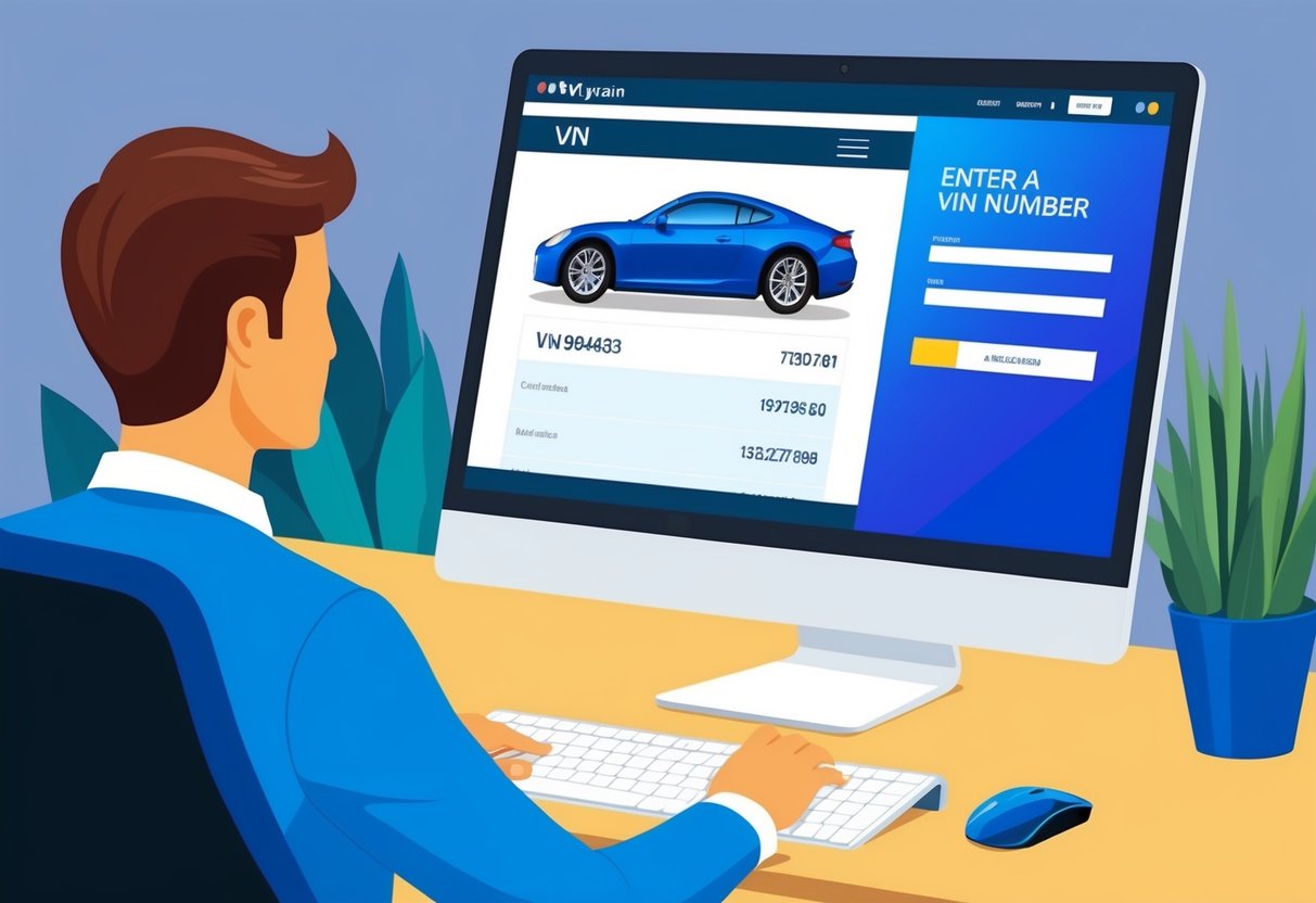 A person standing in front of a computer, entering a car's VIN number into a website, with a report displayed on the screen