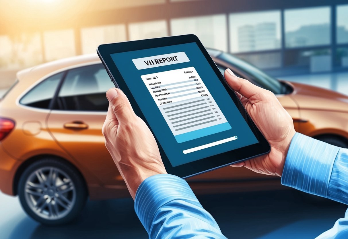 A hand holding a tablet with a VIN report displayed on the screen, while a car sits in the background