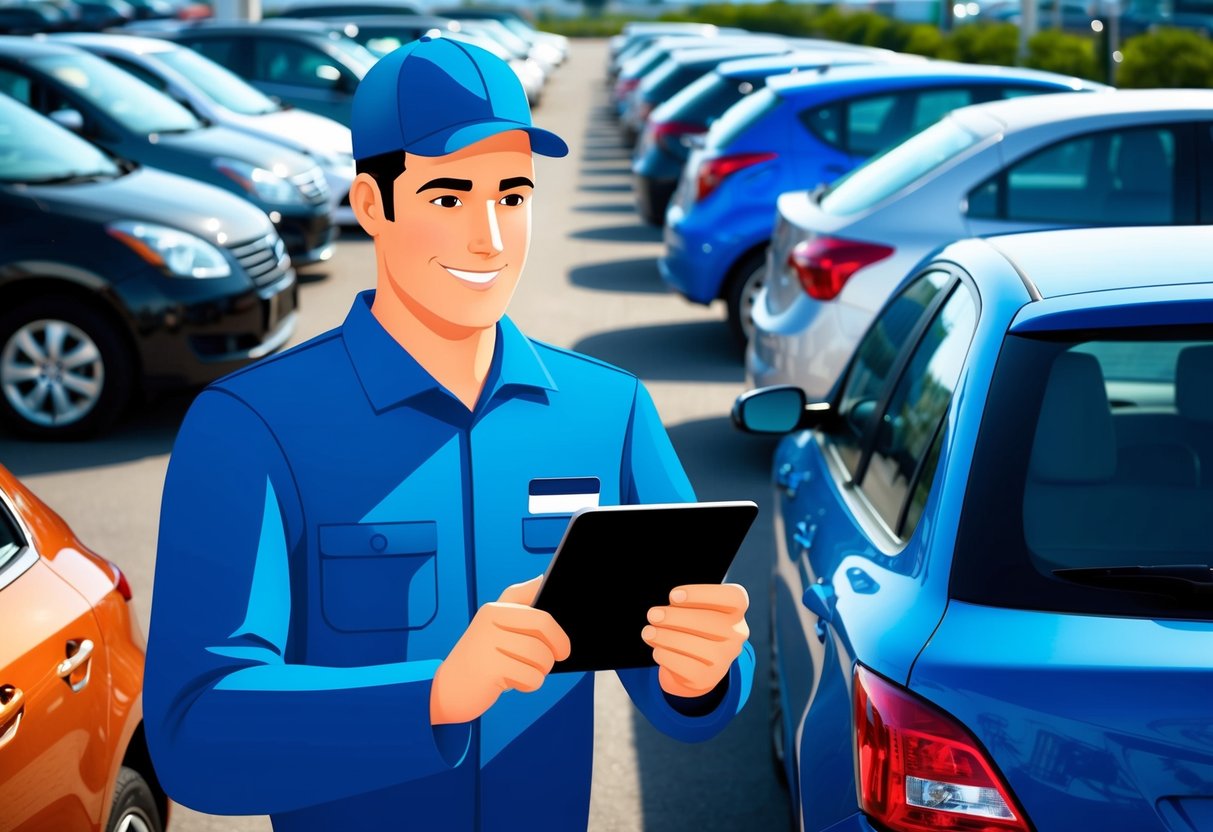 A mechanic holding a tablet scans a car's VIN number while standing in front of a row of used cars on a dealership lot