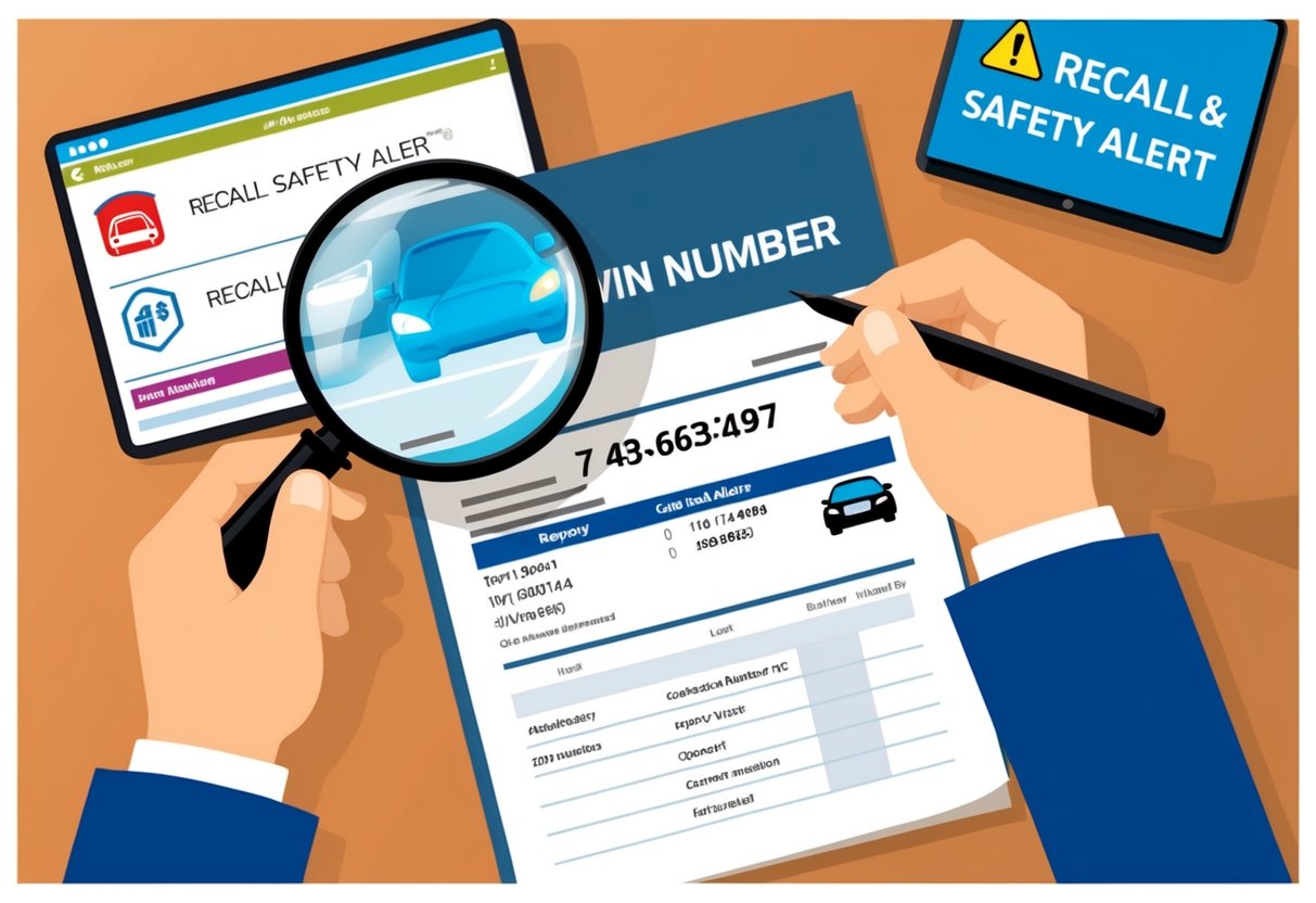 A person examining a car's VIN number on a report, with a magnifying glass and computer screen showing recall and safety alert information