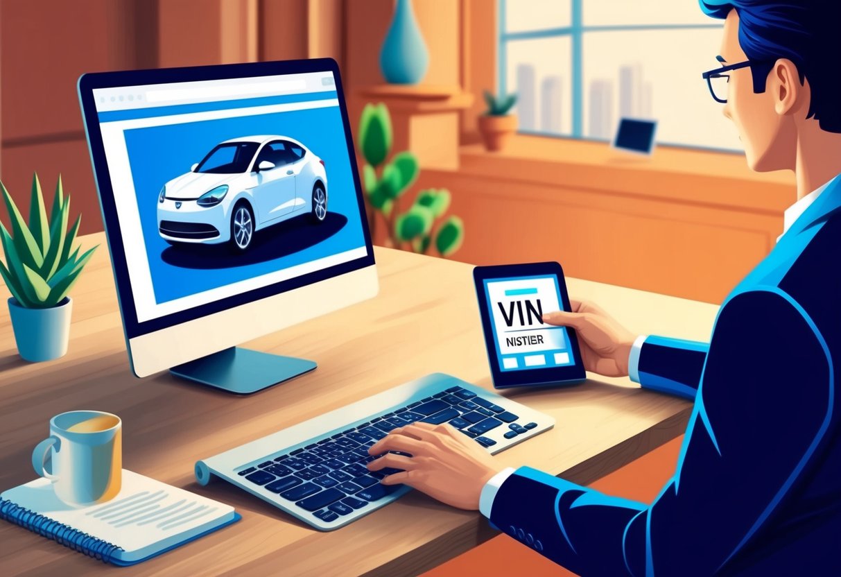 A person using a computer to access a website and entering a car's VIN number to check its history before purchasing