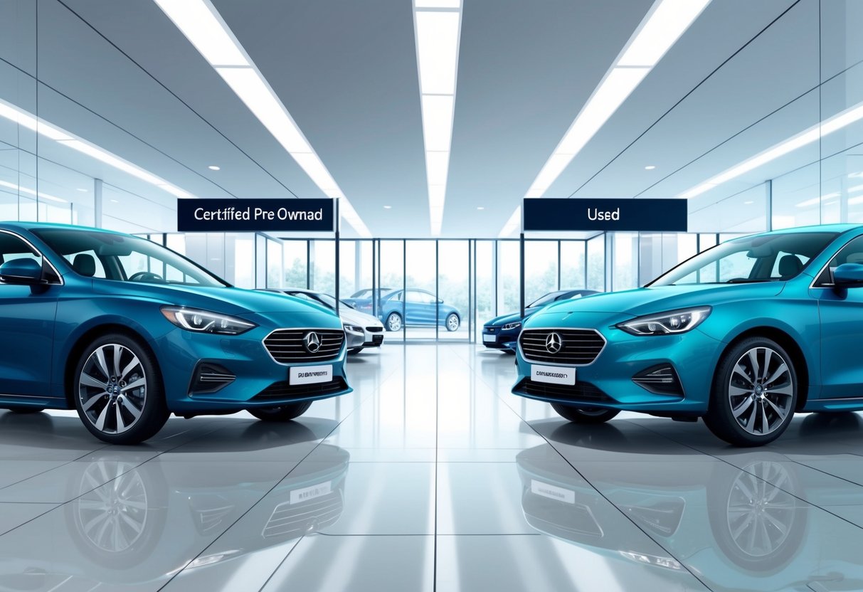 A sleek, modern car dealership showroom with two cars side by side, one labeled "Certified Pre-Owned" and the other "Used." Bright lights and clean floors create a professional atmosphere