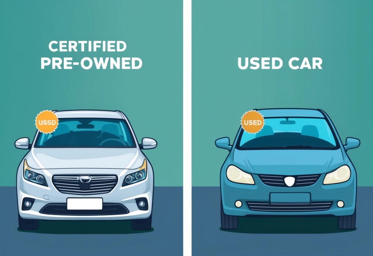 A certified pre-owned car and a used car parked side by side, with a price tag on each windshield. The certified pre-owned car is displayed with a shiny badge, while the used car appears more worn
