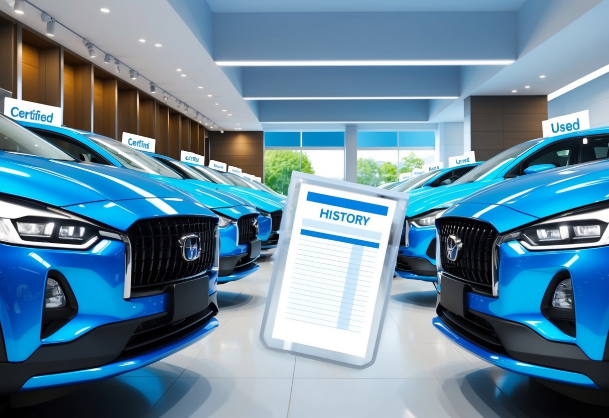A sleek, modern car dealership showroom with rows of shiny vehicles, each labeled with "Certified Pre-Owned" or "Used" tags. A transparent history report displayed prominently