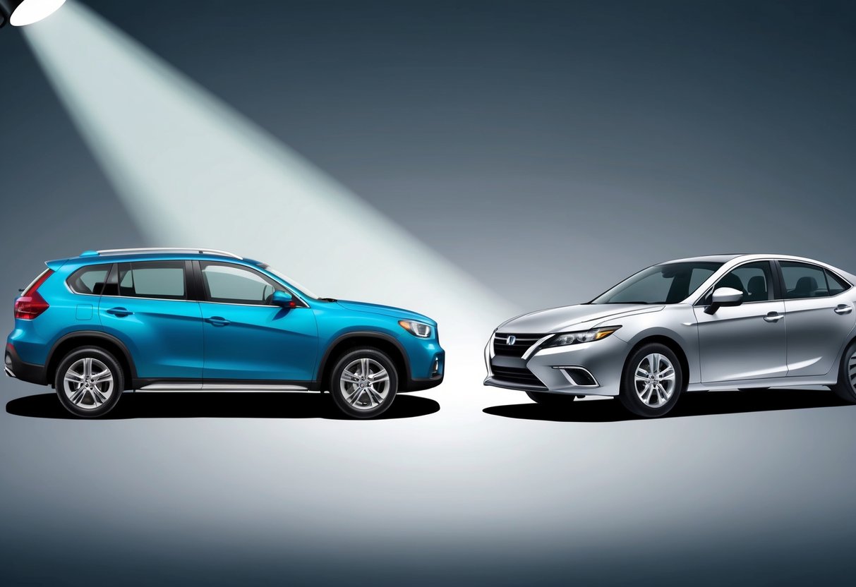 A certified pre-owned car and a used car side by side, with a spotlight shining on the certified pre-owned car to emphasize its superior quality and peace of mind