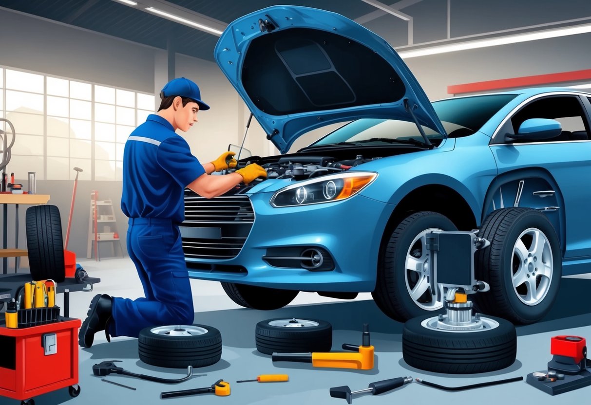 A mechanic inspecting and performing maintenance on a car's engine, tires, and brakes. Tools and equipment scattered around the workshop