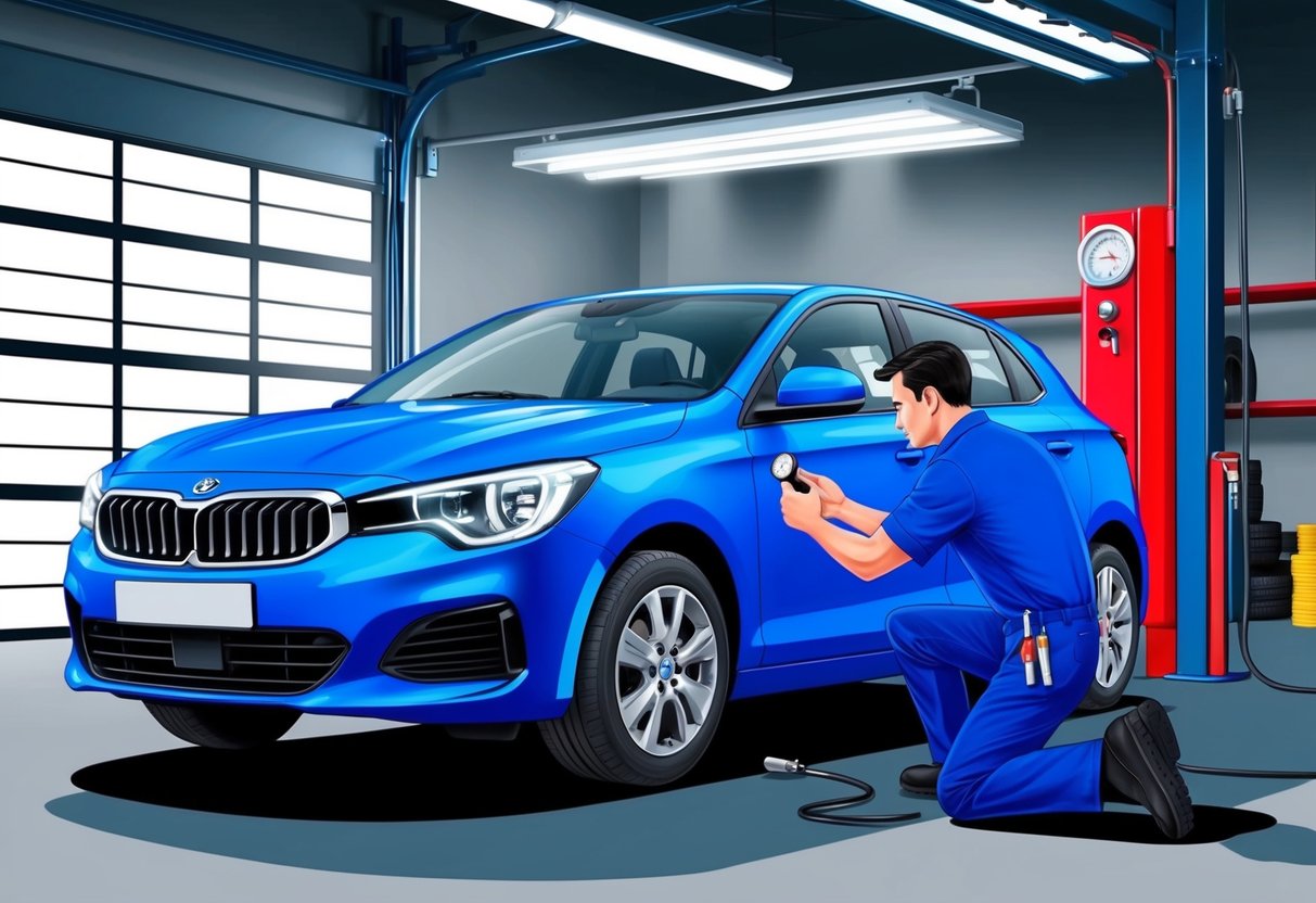 A car parked in a well-lit garage, with a mechanic checking tire pressure and tread wear using a gauge and flashlight