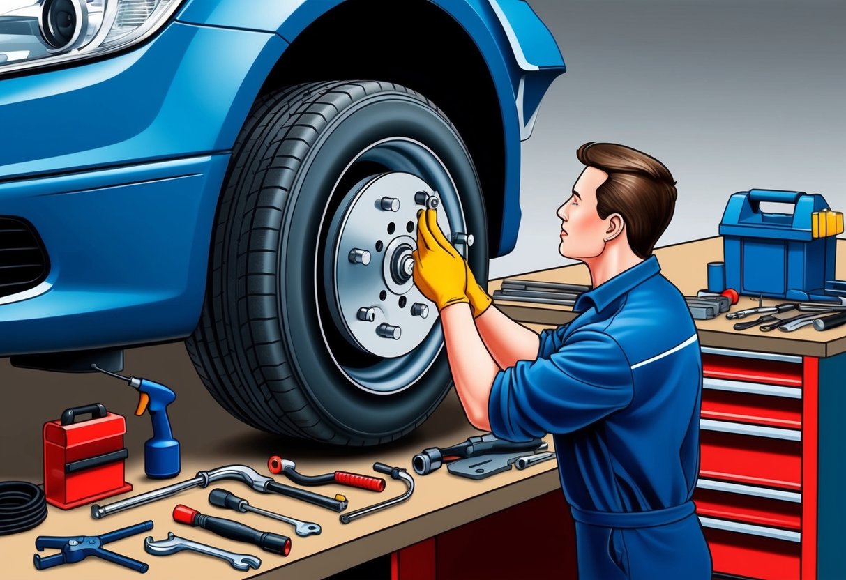 A mechanic inspecting a car's brake system with various tools and equipment spread out on a workbench nearby