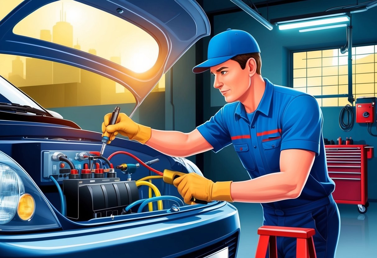 A mechanic checking and repairing the car's electrical system and lighting, using various tools and equipment in a well-lit garage
