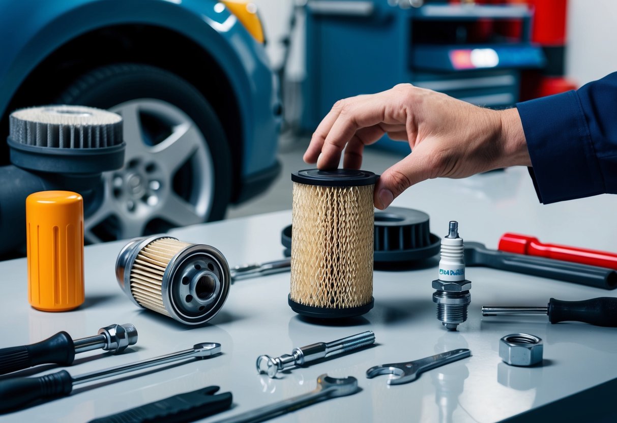 A mechanic's hand reaching for a new filter and spark plug, surrounded by various tools and car parts on a clean workbench
