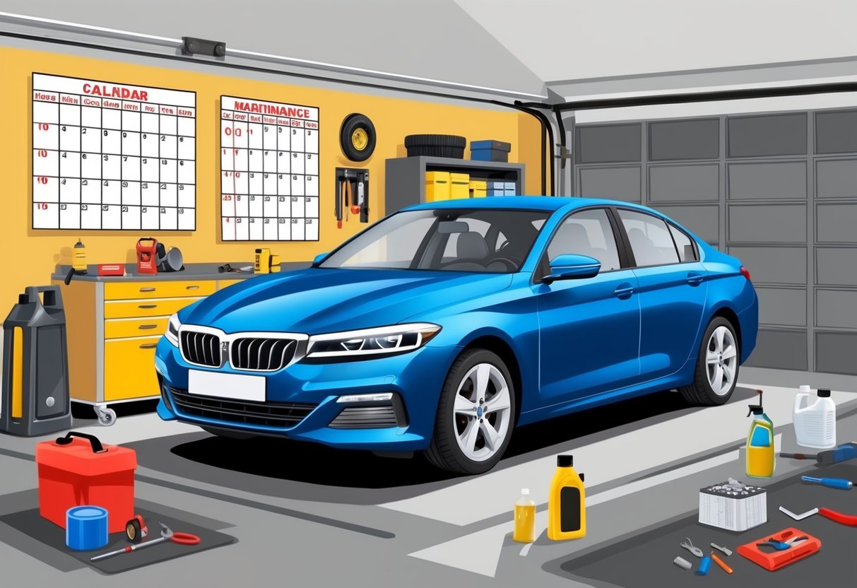 A garage with a parked car, surrounded by tools, oil, and maintenance items. Calendar on the wall with scheduled maintenance dates