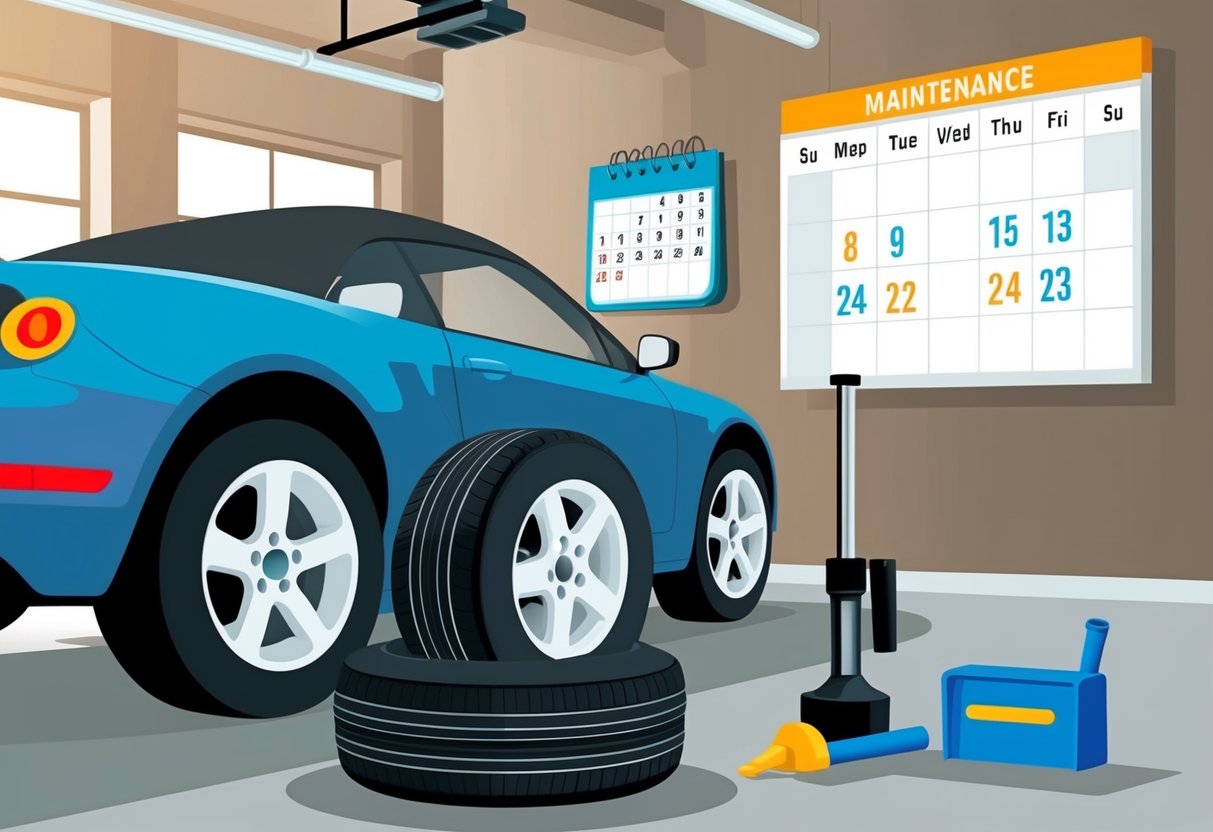 A car parked in a garage, with a set of tires and a wheel alignment tool next to it. A calendar on the wall shows dates marked for maintenance