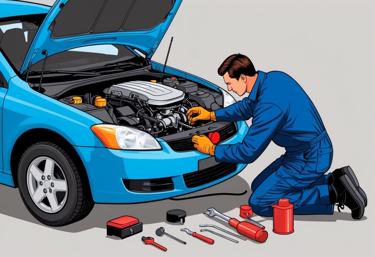 A mechanic performing routine maintenance on a car's engine and fuel system, with various tools and equipment laid out neatly nearby