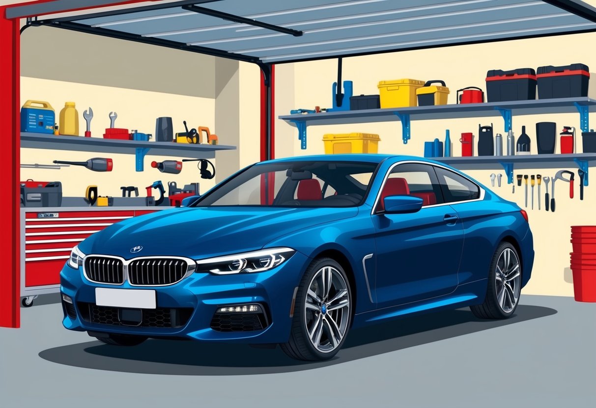 A well-maintained car parked in a clean, organized garage with tools and maintenance supplies neatly arranged on shelves