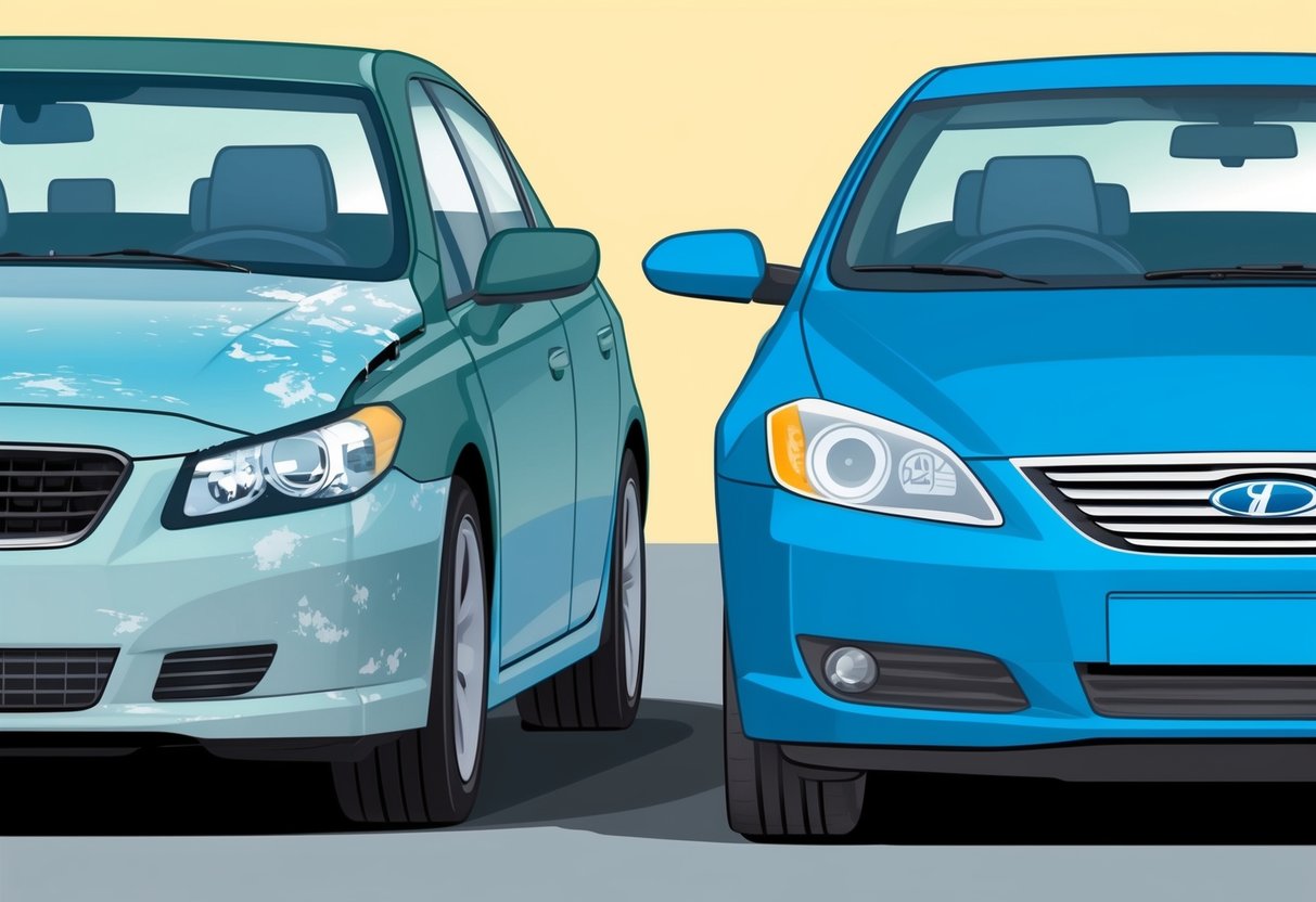 A car with a lease and a car with a purchase option, parked side by side. The leased car shows signs of wear and tear, while the purchased car looks well-maintained