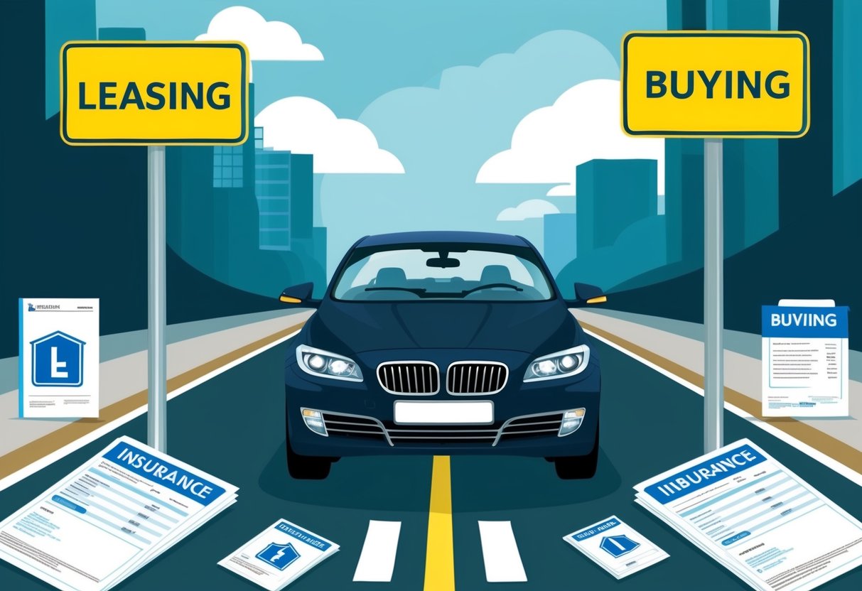A car driving down a road, with a leasing sign on one side and a buying sign on the other. The car is surrounded by insurance and financial documents