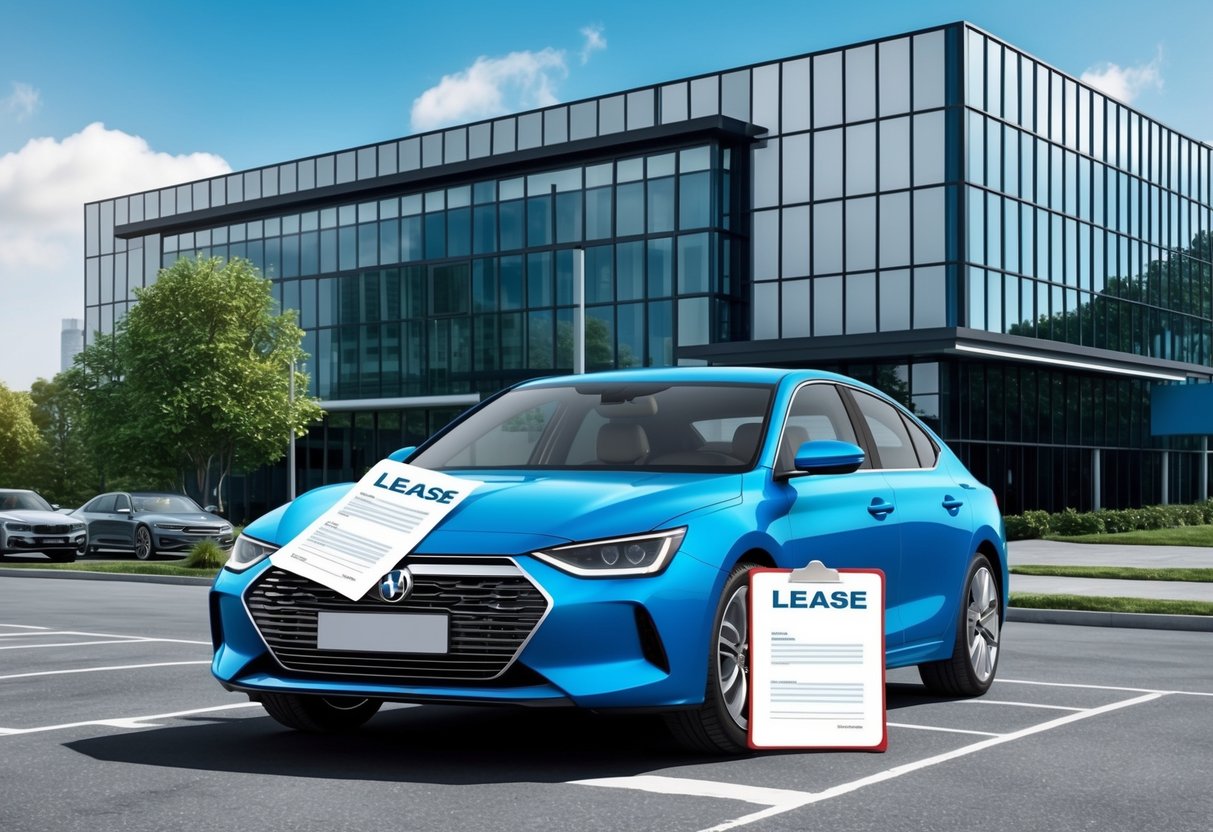 A car parked in front of a modern office building, with a lease contract and a purchase agreement on the dashboard