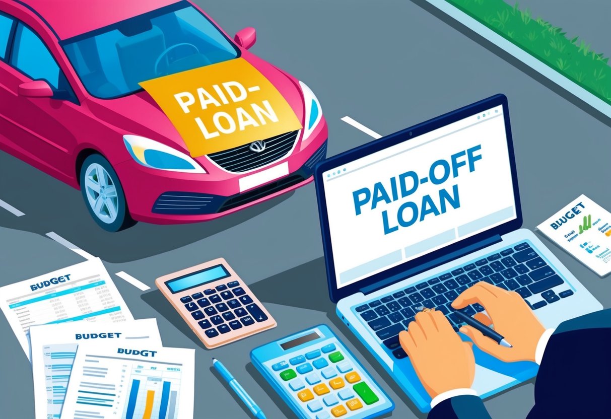 A car with a paid-off loan, parked in a driveway. A person updating their budget on a laptop, with a calculator and financial documents nearby