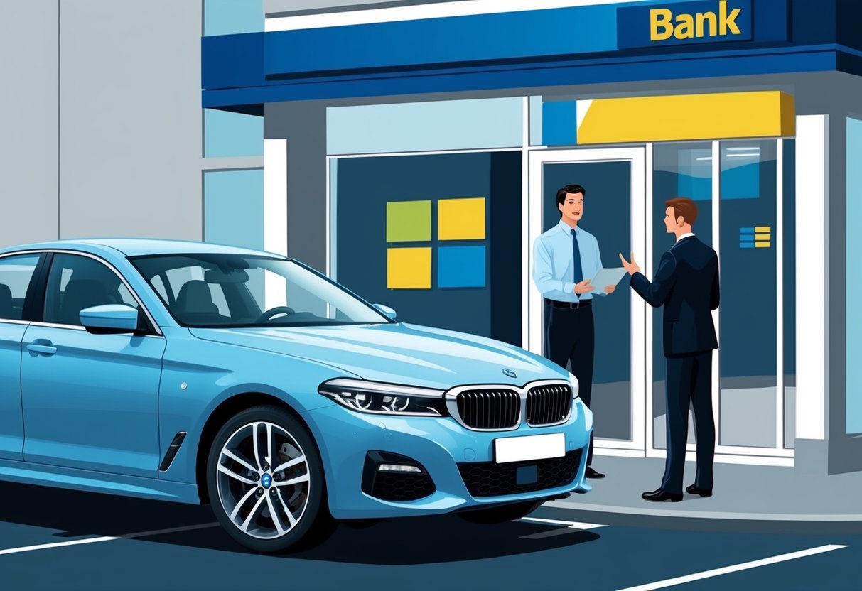 A car parked in front of a bank, with a person inside talking to a banker. The banker is explaining different financing options while the person listens attentively