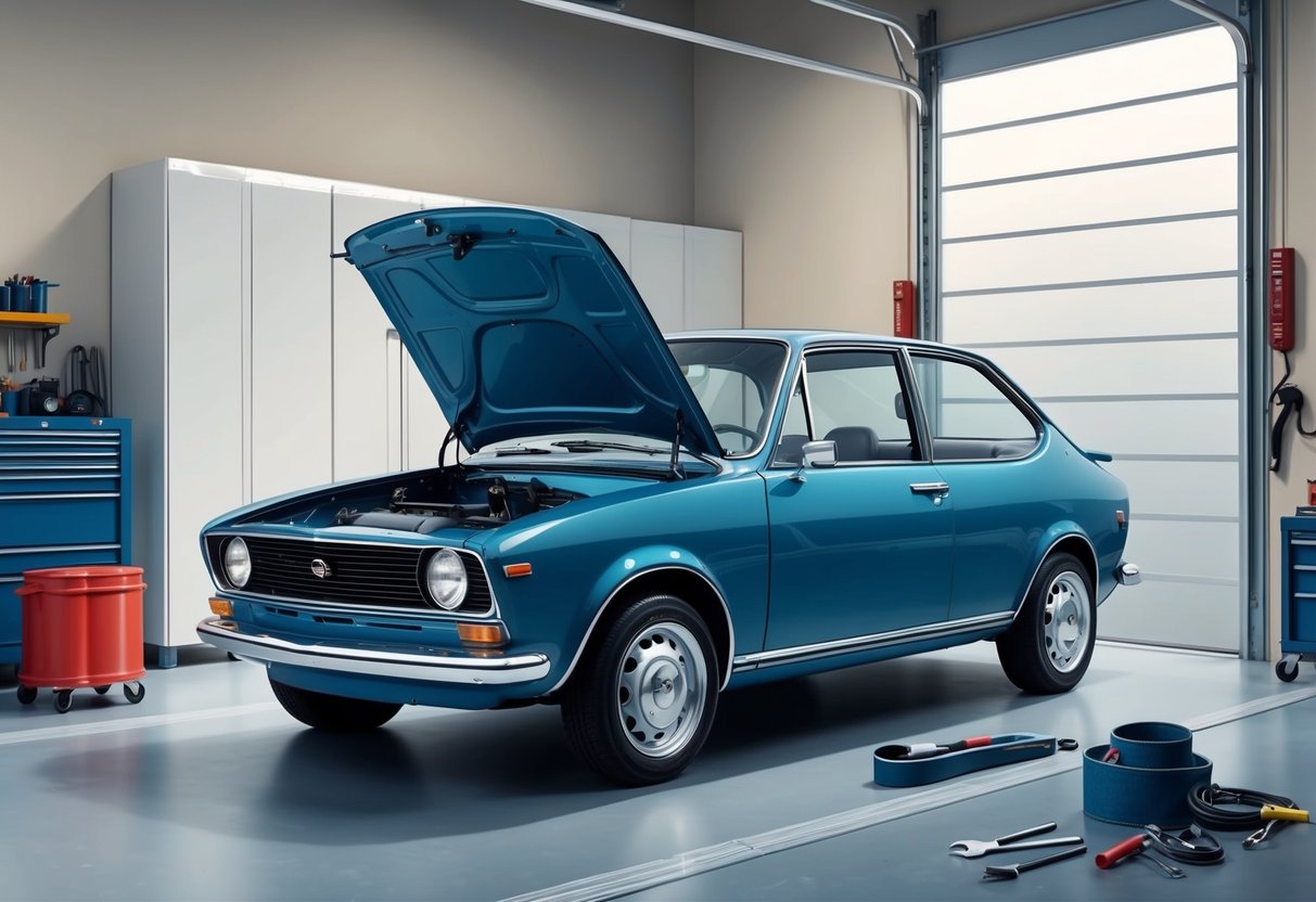 A car parked in a clean, well-maintained garage, with the hood open and a mechanic's tools scattered nearby. The car appears to be in good condition, with no visible damage or rust