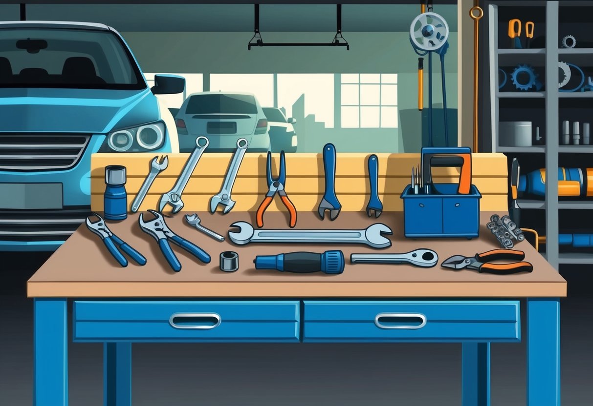 A cluttered garage with a workbench holding various tools, including wrenches, screwdrivers, pliers, and a socket set. A car is parked in the background